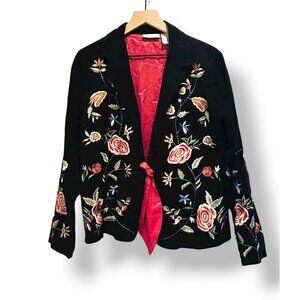 Soft Surroundings Tie Front Blazer Jacket Size Med Floral Black Pink Embroidered